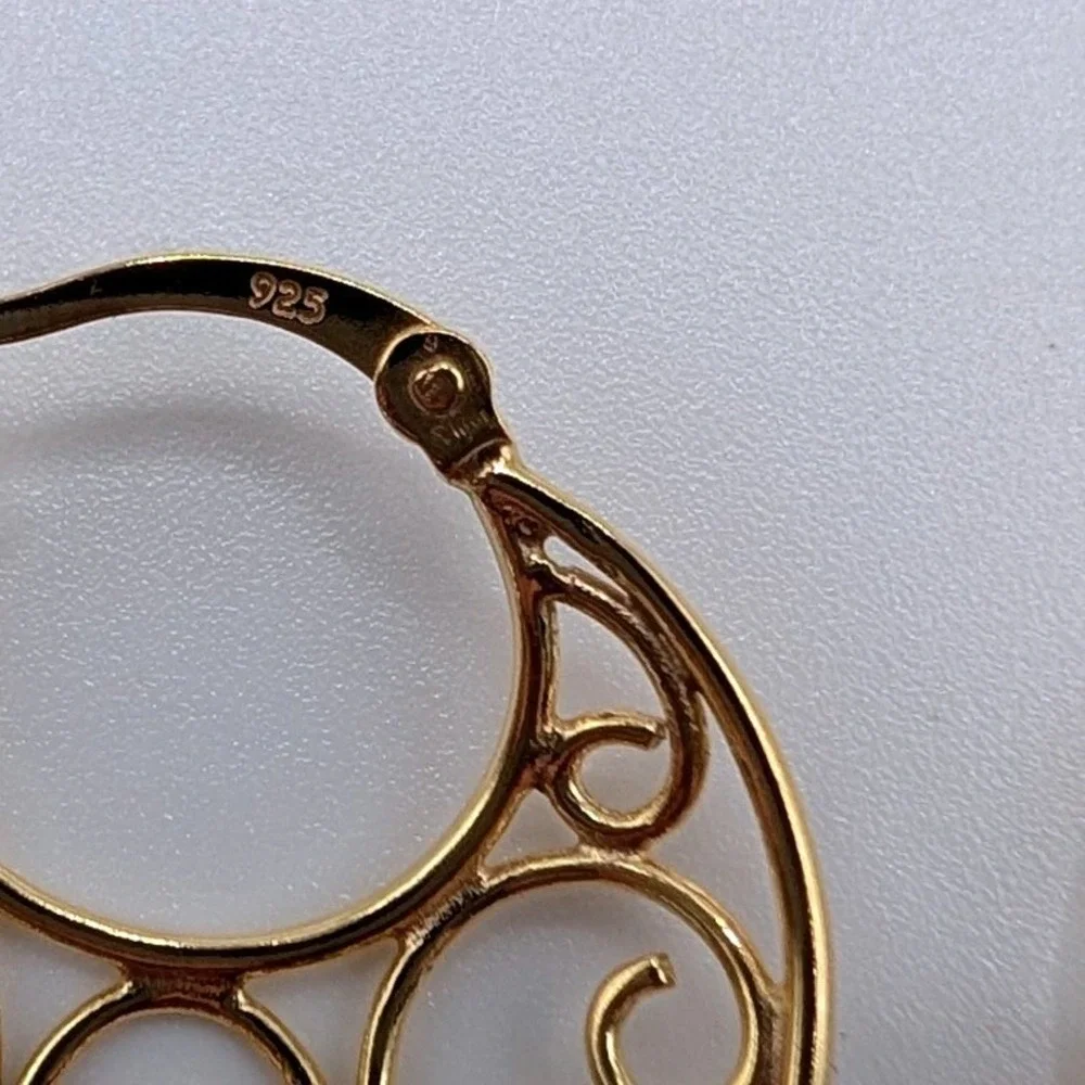 925 Sterling Silver Gold Vermeil‎ Filigree Scroll Hoop Earrings Round Boho 3.36g